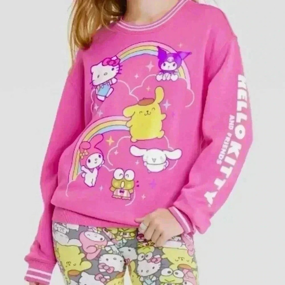 Hello Kitty Tops - Hello Kitty Bright Pink W/ White Stripe Rayon Oversized Crew Neck Sweatshirt (M)